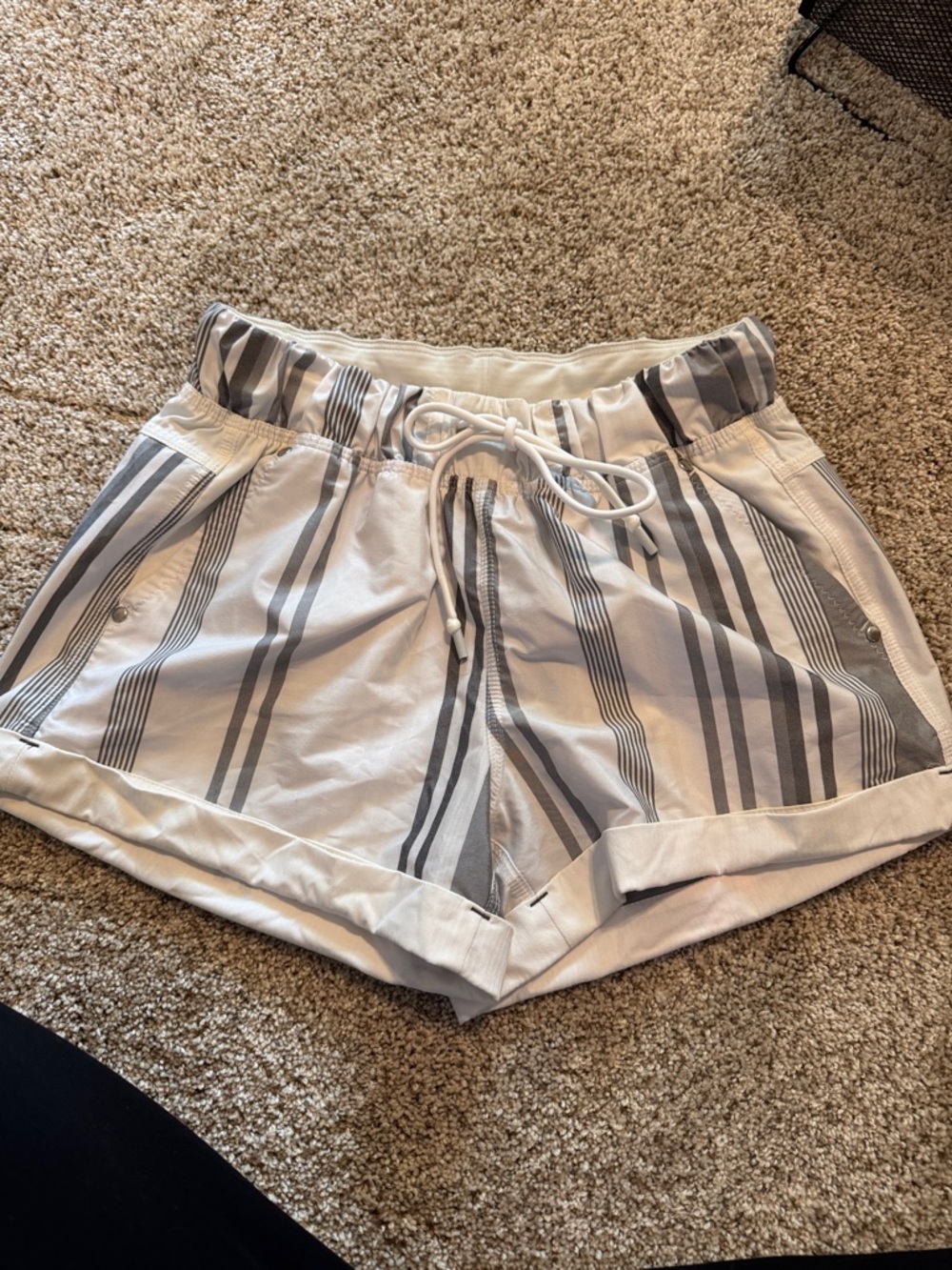lululemon athletica White and Gray Vertical-Stripe Drawstring Shorts